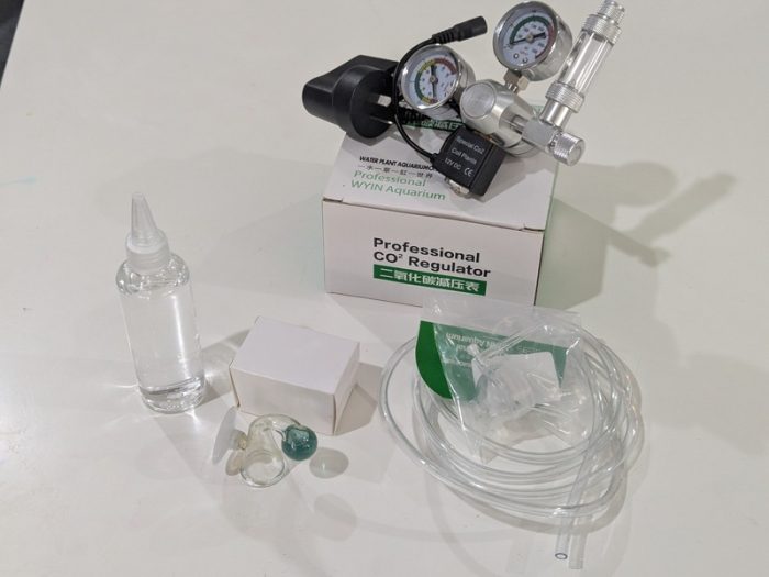 Aquarium CO2 kit contents laid out for beginners