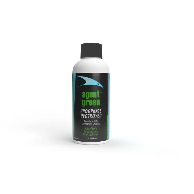 Agent Green Lanthanum Chloride Phosphate Remover bottle with shark logo