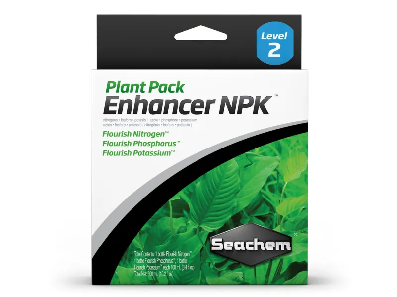Seachem Plant Pack Enhancer NPK with Flourish Nitrogen, Flourish Phosphorus and Flourish Potassium bottles