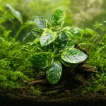 Anubias Var King with large, glossy leaves marbled in dark green, cream and yellow