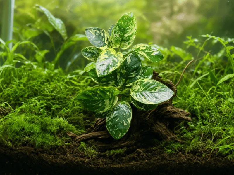 anubias-var-king Anubias Var King with large, glossy leaves marbled in dark green, cream and yellow