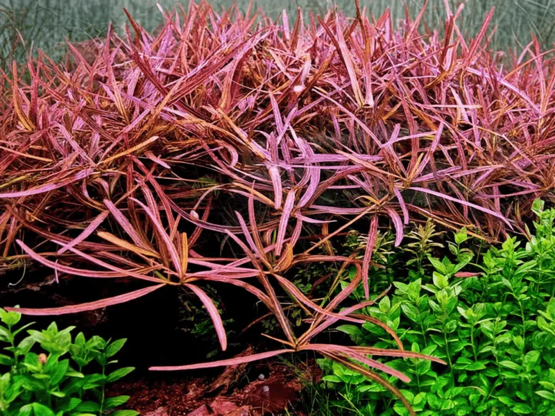 hygrophila-tiger Hygrophila Tiger stem plant with narrow, pointed leaves striped in green, bronze and reddish-brown