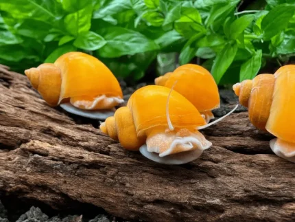 Golden mystery snail with a golden shell and a light-coloured foot